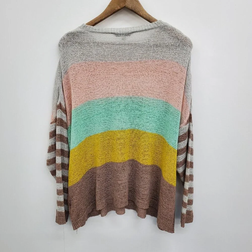 Davi & Dani Color Block Striped Sleeve Pullover Sweater L‎ Multicolor Knit Top